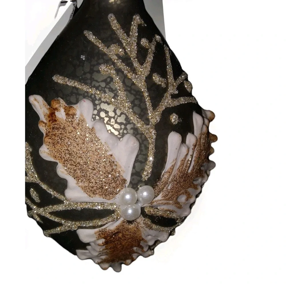New Christmas Ornament‎ Glass Silver Antiqued Ivory Poinsettia 5.5 in